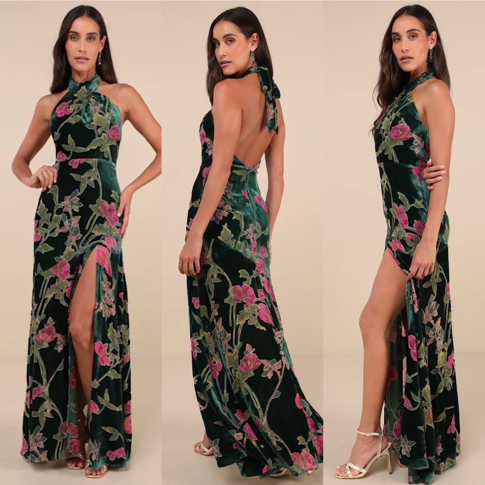 Lulus Flawlessly Gorgeous Green Burnout Floral Halter Maxi Dress Small S EUC